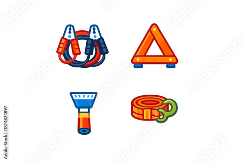 Car emergency kit icons glowing on a dark background