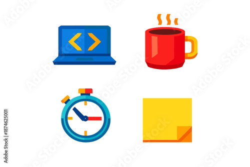 Coding, Coffee, Stopwatch, and Sticky Note Icons