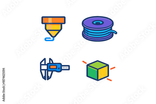 Four 3D printing icons on a dark background
