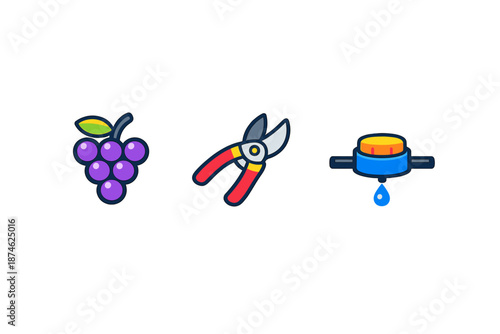 Grapes, pruning shears, and irrigation system icons