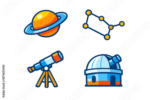 Space-themed icons: planet, constellation, telescope, and observatory