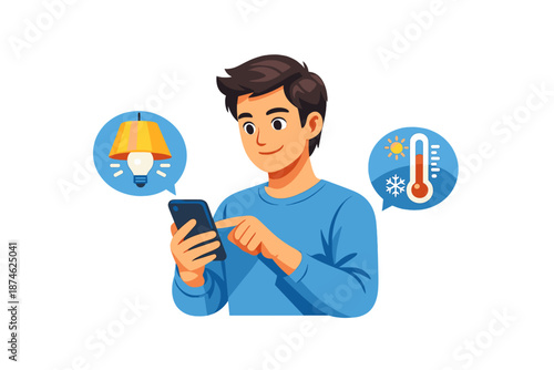 Young man using smartphone to control smart home devices