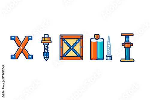 Set of stylized icons representing industrial tools and supplies