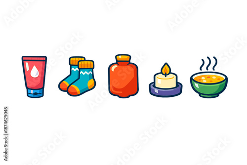Comfort Icons: Lotion, Socks, Hot Water Bottle, Candle, Soup