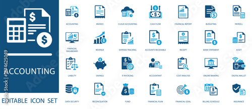 Accounting and Finance Icon Set. Blue vector icons for invoice, cash flow, budgeting, payroll, tax, revenue, bank statement, and digital wallet concepts.
