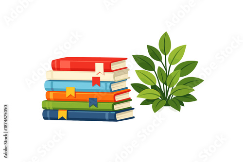 Stack of colorful books with plant on green background