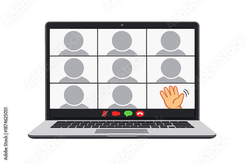 Laptop screen displaying a video conference with multiple participants and a waving hand emoji.