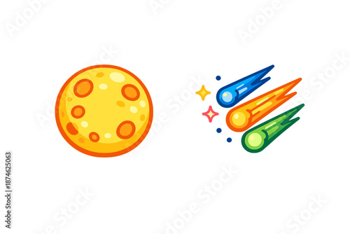 Abstract scene of a yellow moon and colorful meteors