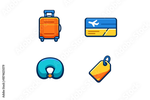 Travel Icons: Suitcase, Boarding Pass, Neck Pillow, Luggage Tag