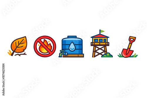 Set of flat icons representing fire prevention and safety