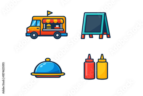 Food truck and related icons set