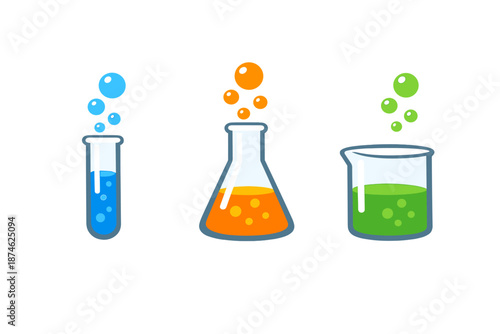 Three science beakers with colorful bubbling liquids