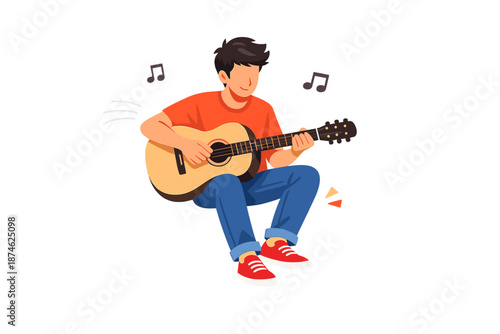 Young man playing acoustic guitar with music notes