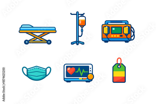 Medical equipment icons glowing on a dark background