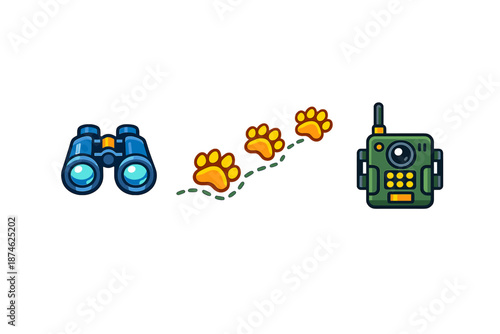 Binoculars, paw prints, and walkie-talkie on dark background