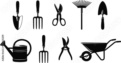 Garden tools silhouette set, shovel rake pruners watering can wheelbarrow, black white vector illustration for gardening agriculture landscaping design icons