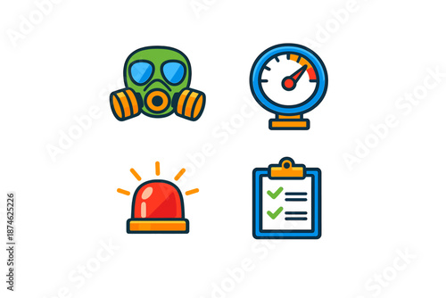 Four cartoon icons for safety and monitoring