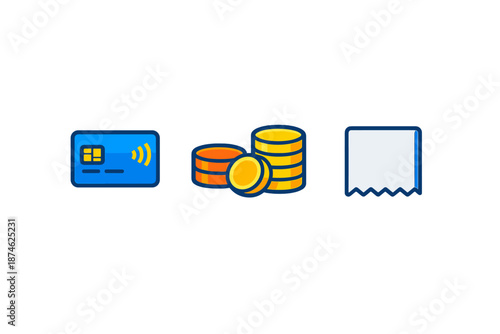 Credit card, coins and receipt icons glowing on dark background