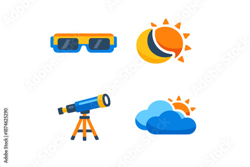 Eclipse viewing with telescope and glasses, sun and clouds icons