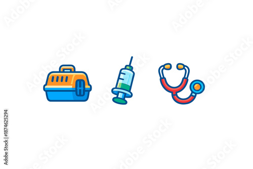 Veterinary Icons: Pet Carrier, Syringe, and Stethoscope