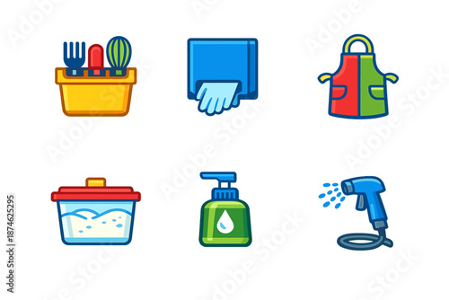 Set of six kitchen hygiene and cleaning icons with neon glow