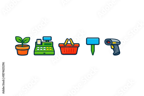 Shopping Icons - Plant, Cash Register, Basket, Price Tag, Barcode Scanner