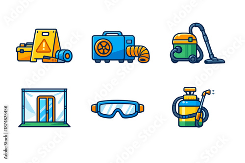 Set of cleaning and disinfection equipment icons