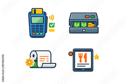 Set of 4 modern icons representing payment, commerce, and food service