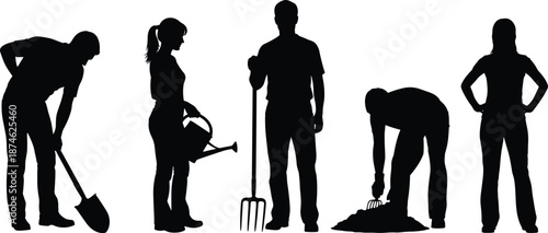 Gardening people silhouettes, planting and digging activities, garden tools usage, outdoor farming lifestyle, teamwork horticulture illustration collection set