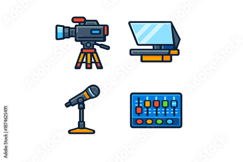 Set of four broadcast and audio icons on dark background