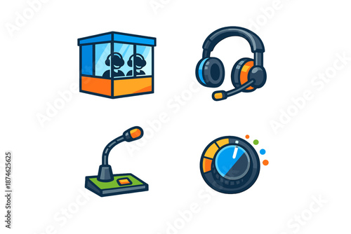 Broadcast Booth, Headphones, Microphone, and Audio Mixer Icons