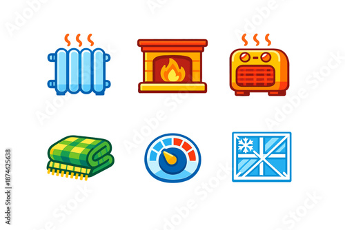 Set of winter and heating icons on dark background