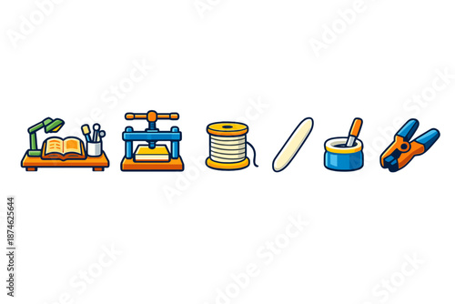 Bookbinding tools and equipment icons