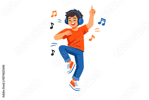 Joyful boy dancing with headphones and music notes