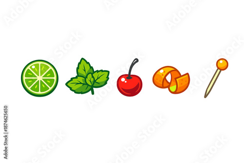 Cocktail garnishes: lime, mint, cherry, orange peel, and pick