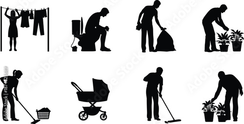 Household chores silhouettes, daily home cleaning activities, laundry mopping gardening trash removal, domestic lifestyle illustration, family routine graphic set