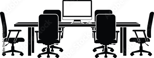 Office workstation silhouette illustration, modern workspace with computer desk chairs, corporate interior concept, black white vector, business productivity design