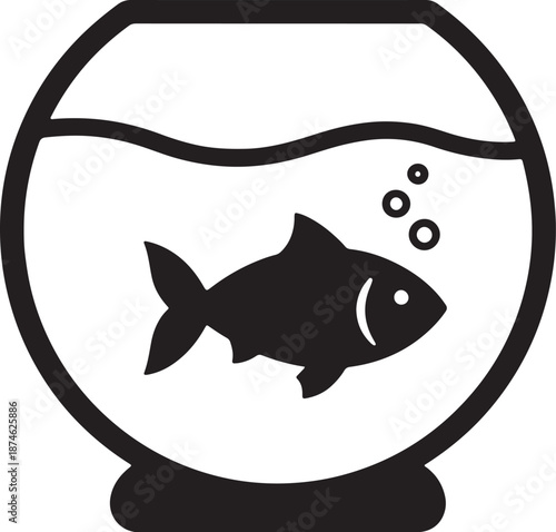 A black and white fish swimming inside a fishbowl with bubbles also transparent background