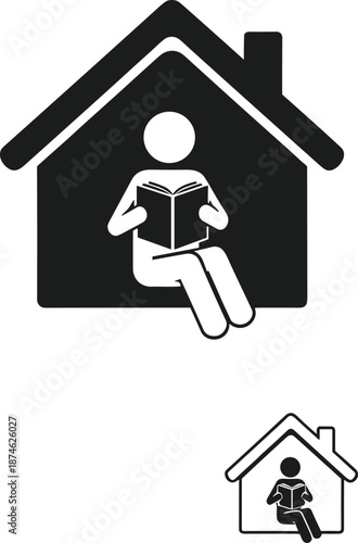 Person reading book at home icon, stay at home education concept, online learning lifestyle, house silhouette vector illustration isolated