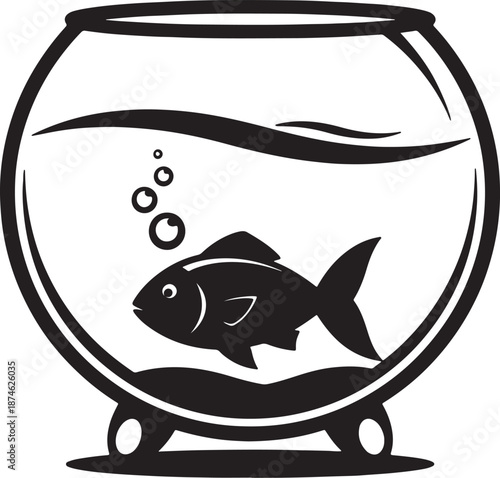 A black and white of a fish swimming in a round fishbowl with bubbles rising from the bottom also transparent background