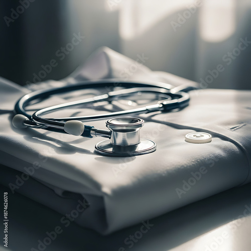 Medical Equipment Display, Stethoscope and Uniform, Healthcare Setting, Photography, Calm Atmosphere, Close-Up, Professionalism