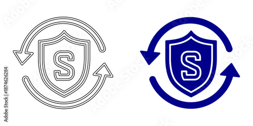 Security and Protection Icon: Shield with Padlock, Home Security, Data Privacy, Fast Protection, and Verified Checkmark, Blue Outline and Solid Vector Illustrations for Cybersecurity