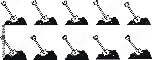 Shovel digging soil silhouette pattern, gardening construction excavation concept, black white minimal vector illustration icons set isolated