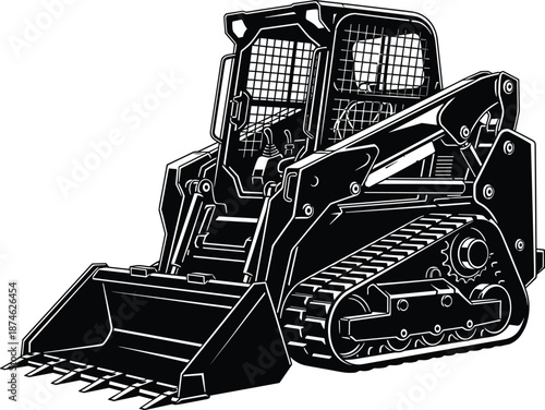 Skid steer loader silhouette, compact construction machinery, tracked mini loader vehicle, heavy equipment illustration, industrial engineering graphic design