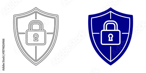 Security and Protection Icon: Shield with Padlock, Checkmark, User Identity, and Data Privacy, Bank Vault Door for Financial Safety, Blue Outline and Solid Vector Illustrations for Cybersecurity