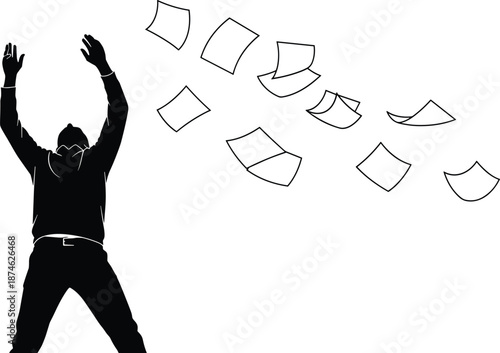 Successful businessman celebration silhouette, throwing papers in air, achievement freedom concept, black white minimal vector illustration design