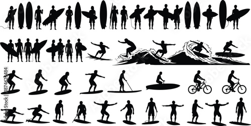 Surfing action silhouettes collection, surfers riding waves carrying boards, extreme water sport lifestyle black white vector illustration set