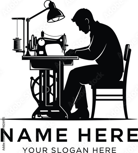 Tailor sewing machine silhouette, handmade clothing workshop logo template, professional fashion designer branding, vintage craft business identity illustration