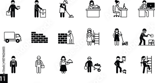 Worker profession icons set, delivery office cleaning construction service jobs, people working symbols, industrial career illustration collection