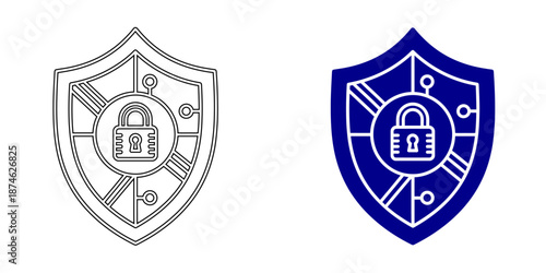 Security Icon , Bank Vault Door and Shield with Padlock and Checkmark, Outline and Solid Vector Illustrations for Cybersecurity, Finance, and Data Protection